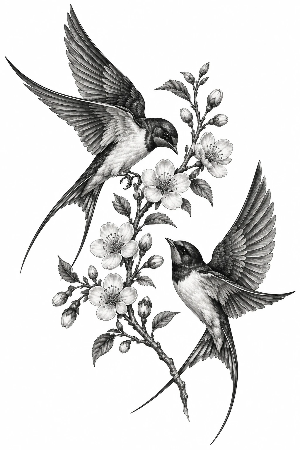 Desenho de tatuagem de Andorinhas em torno de ramo florido, modelo NR-0123, em preto e cinza.