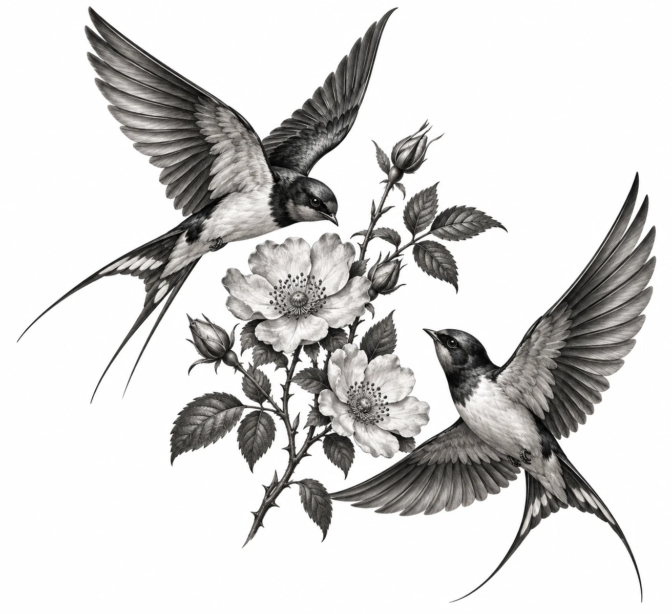 Desenho de tatuagem de Andorinhas em voo e rosa silvestre, modelo NR-0124, em preto e cinza.