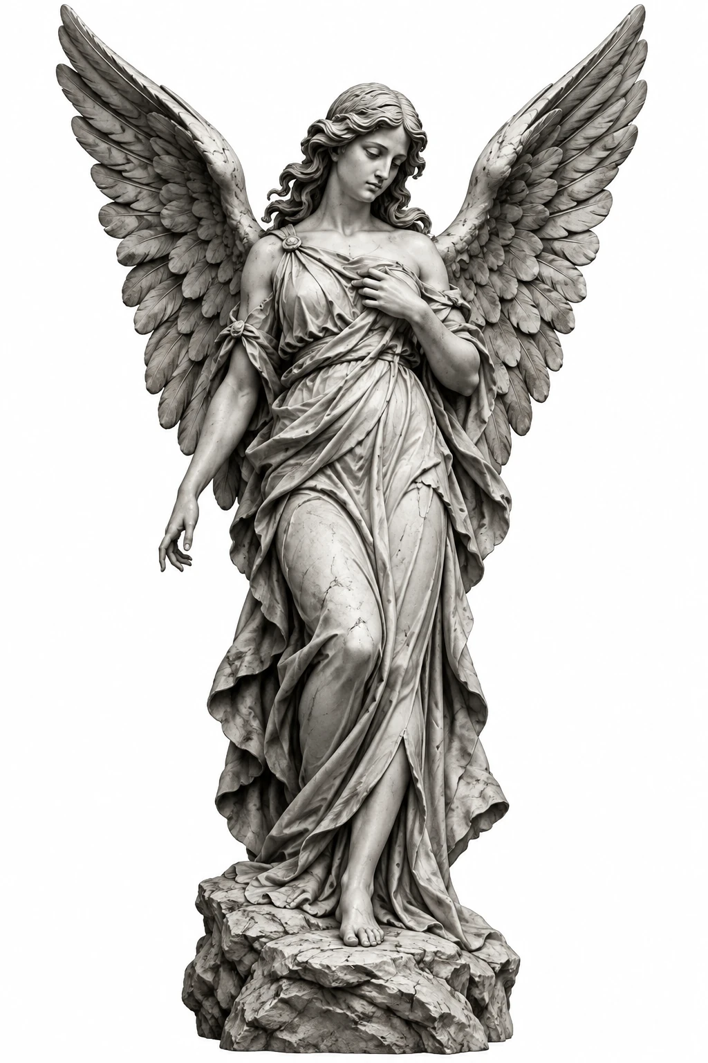 Desenho de tatuagem de Anjo alado em mármore antigo, modelo NR-0125, em preto e cinza.