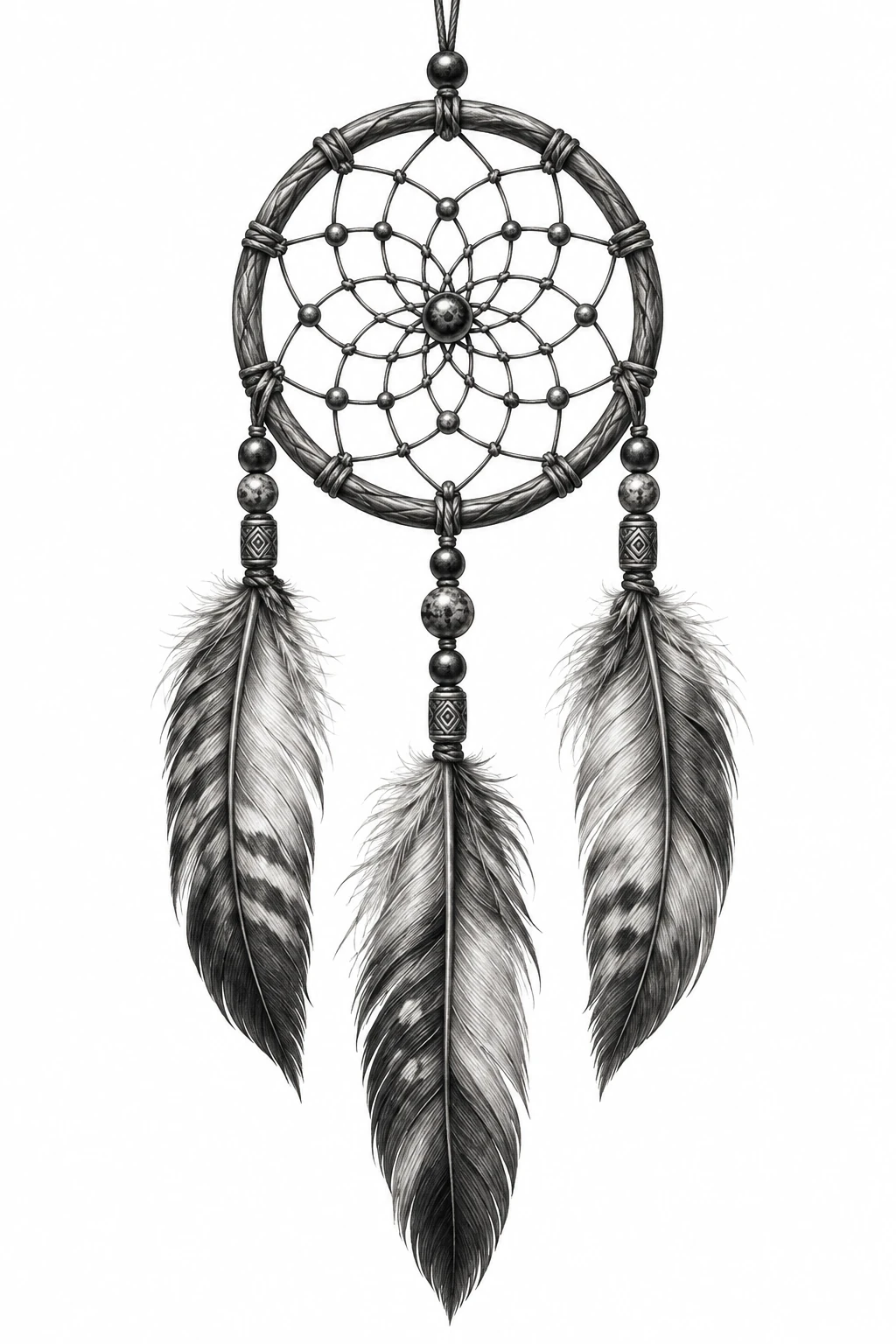 Desenho de tatuagem de Apanhador de sonhos com três penas, modelo NR-0127, em preto e cinza.