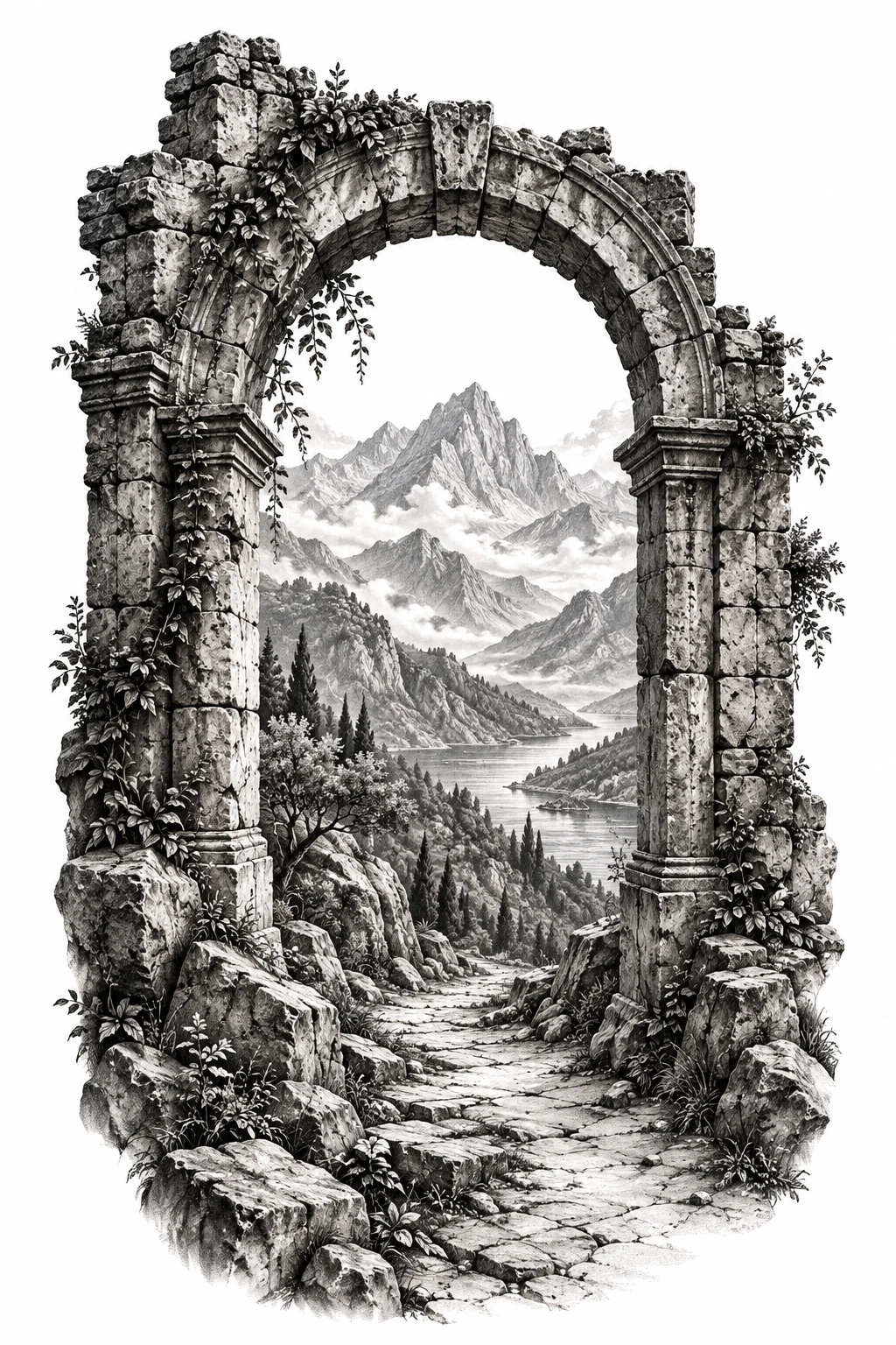 Desenho de tatuagem de Arco antigo com paisagem montanhosa, modelo NR-0128, em preto e cinza.