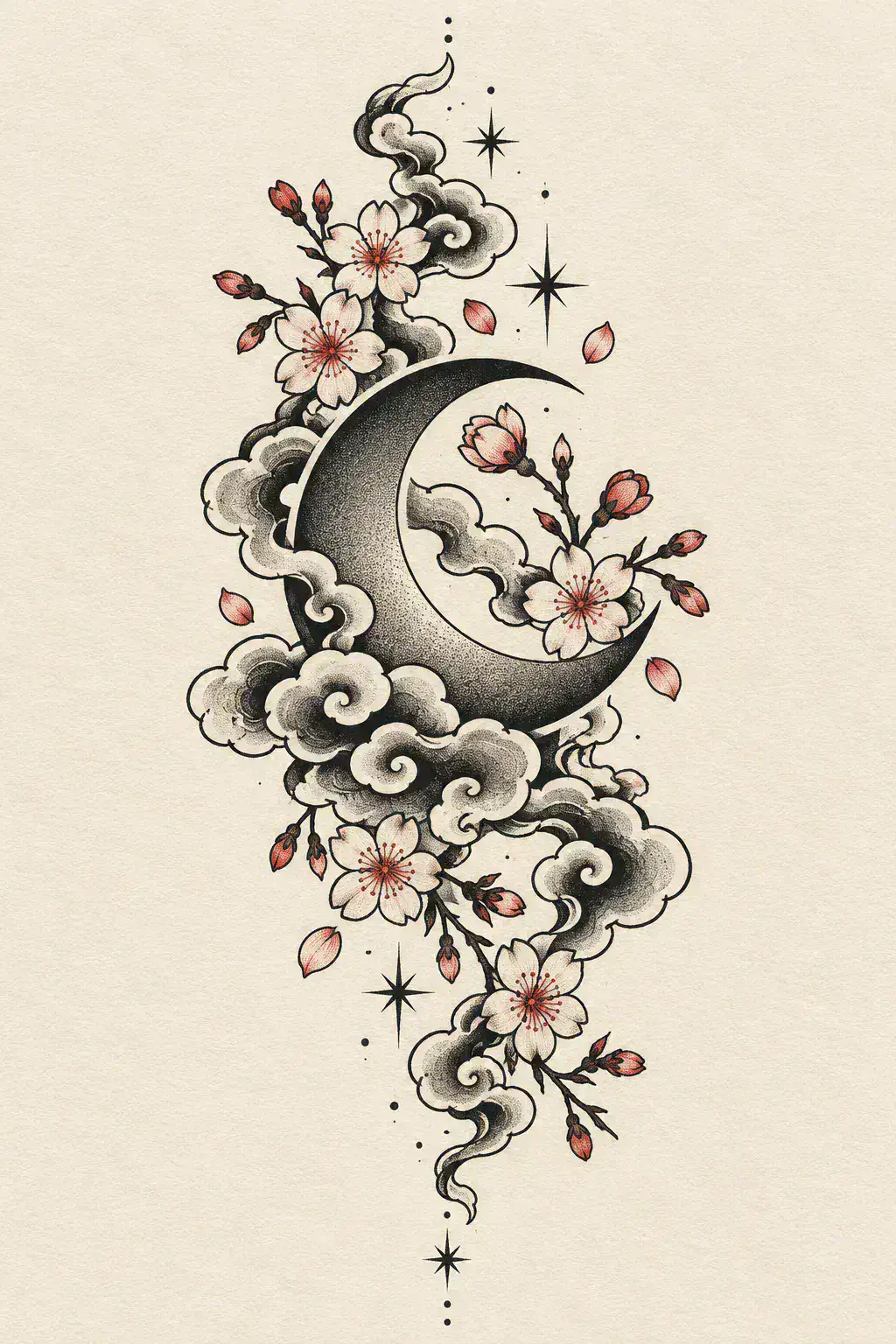Imagem em alta resolução de uma tatuagem de lua no estilo Japonês / Irezumi, referência para coxa