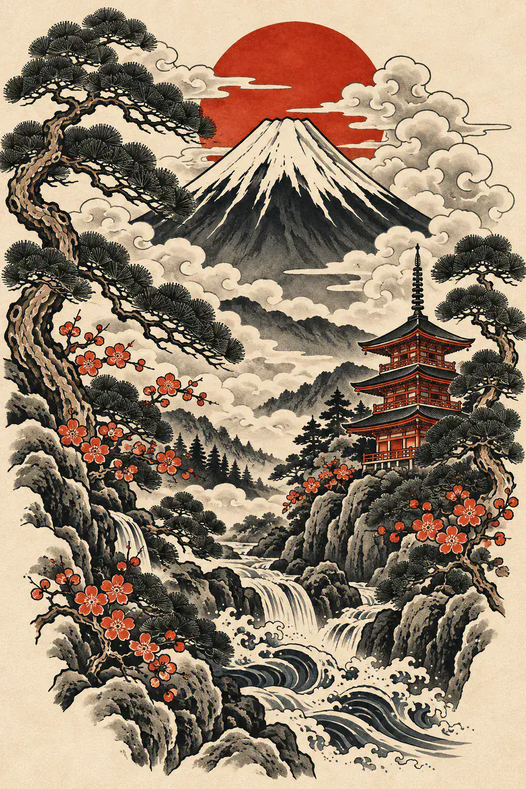 Tatuagem de montanha no estilo Japonês / Irezumi, arte de referência original