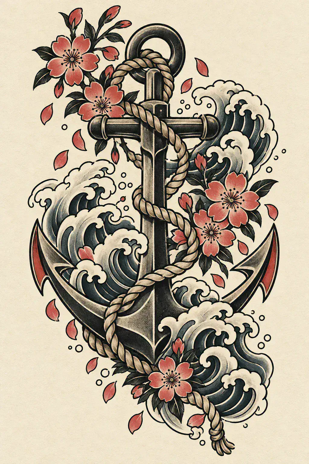 Imagem em alta resolução de uma tatuagem de âncora no estilo Japonês / Irezumi, referência para panturrilha
