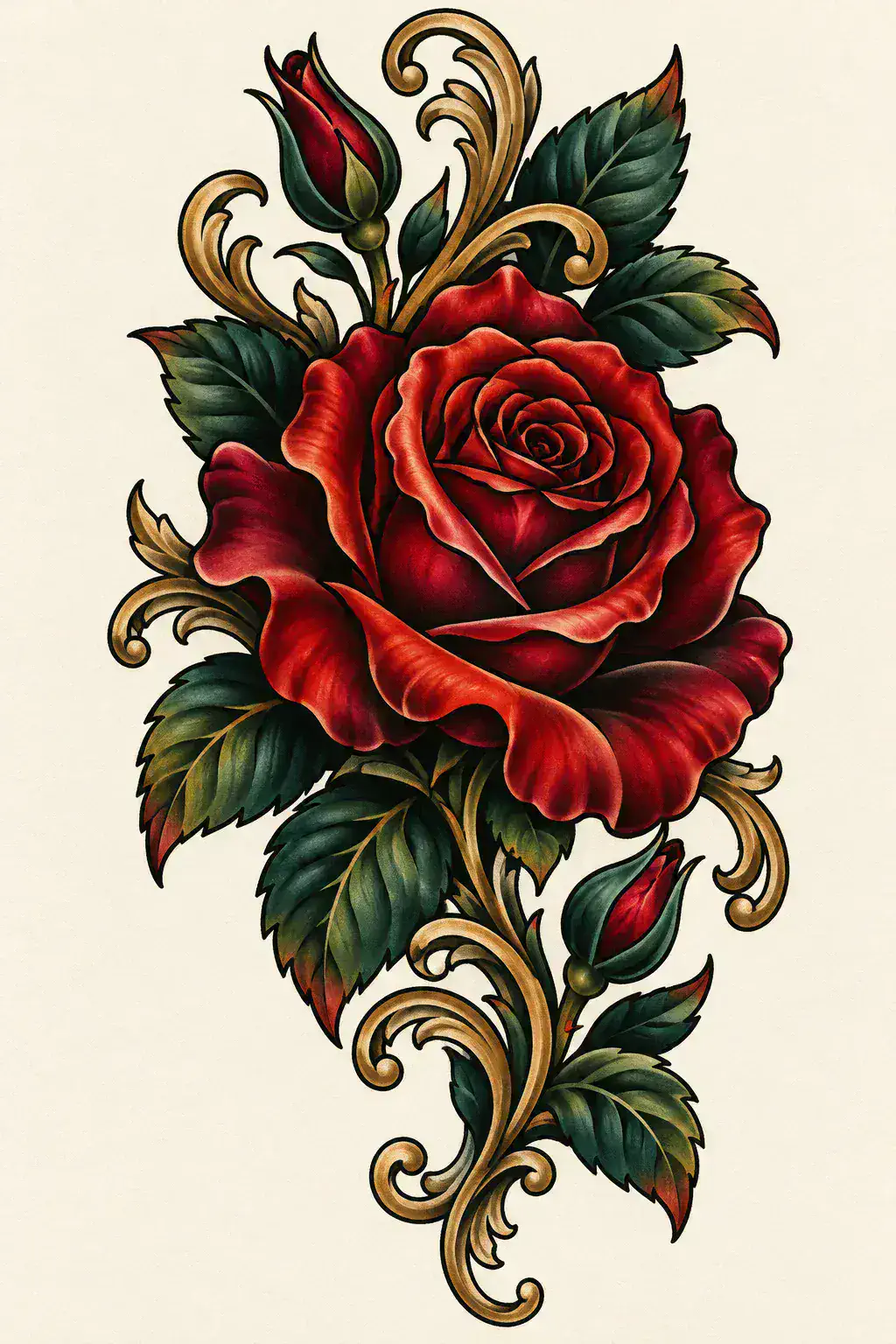 Imagem em alta resolução de uma tatuagem de rosa no estilo Neotradicional, referência para braço