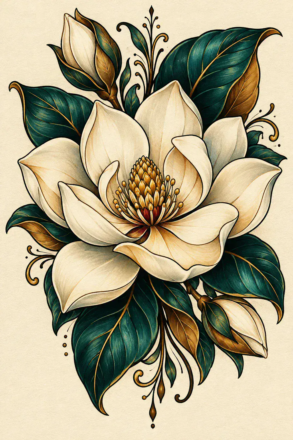 Imagem em alta resolução de uma tatuagem de folhagem no estilo Neotradicional, referência para peito