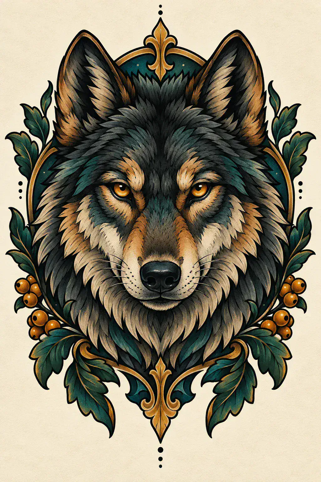 Tatuagem de lobo no estilo Neotradicional, arte de referência original