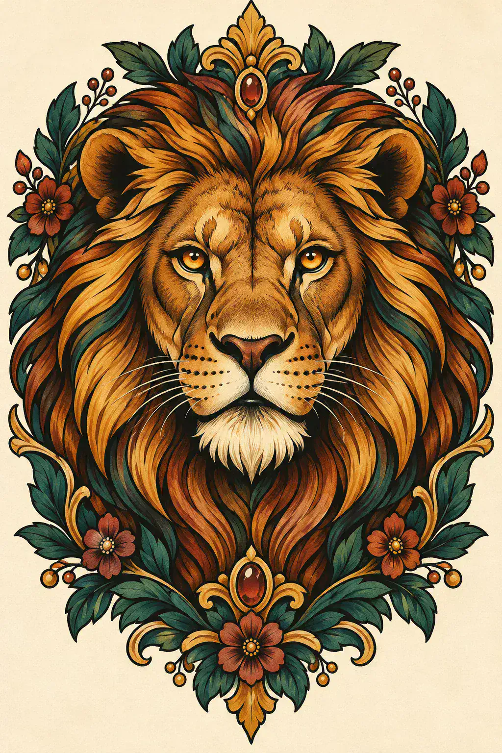 Tatuagem de leão no estilo Neotradicional, arte de referência original
