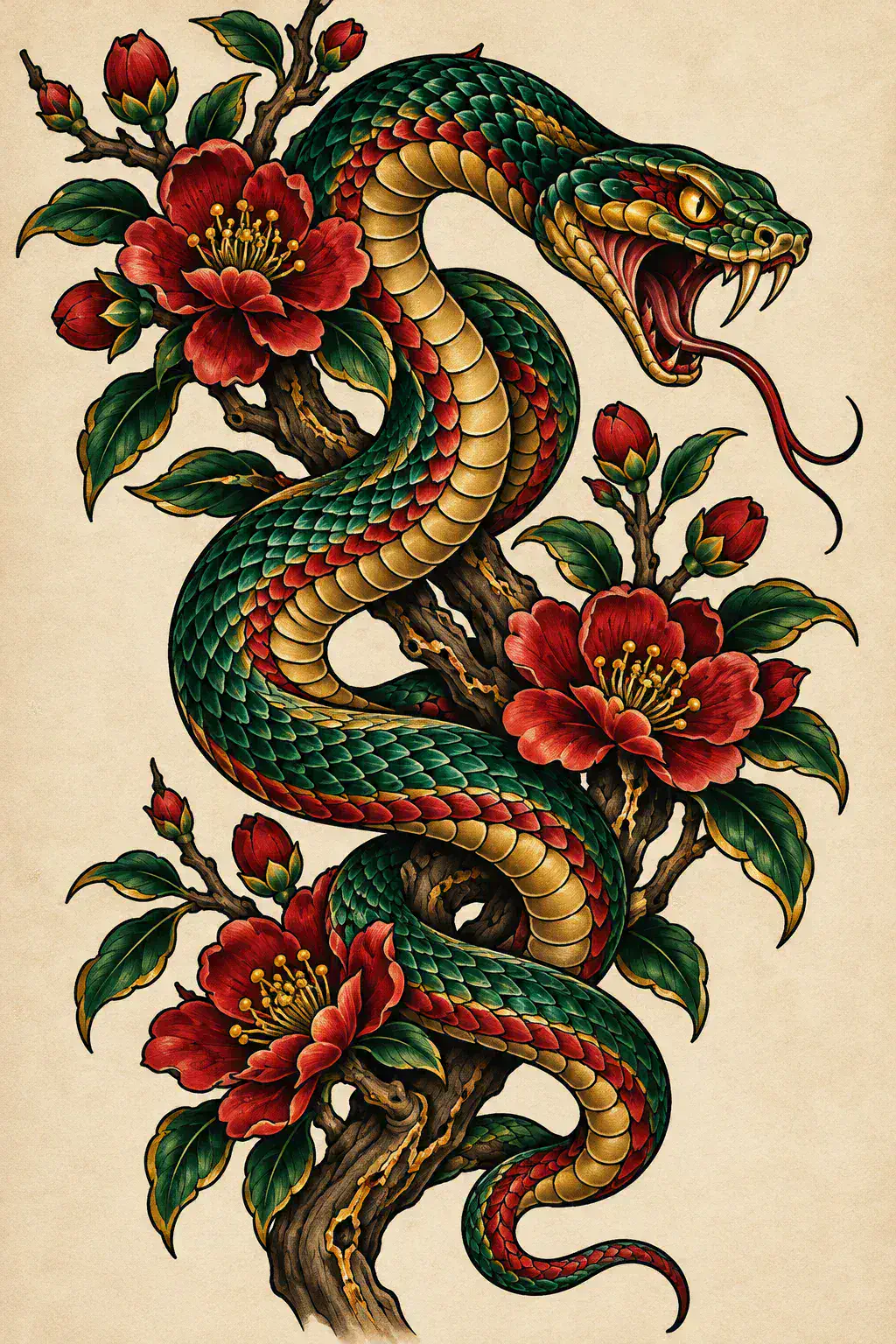 Tatuagem de serpente no estilo Neotradicional, arte de referência original