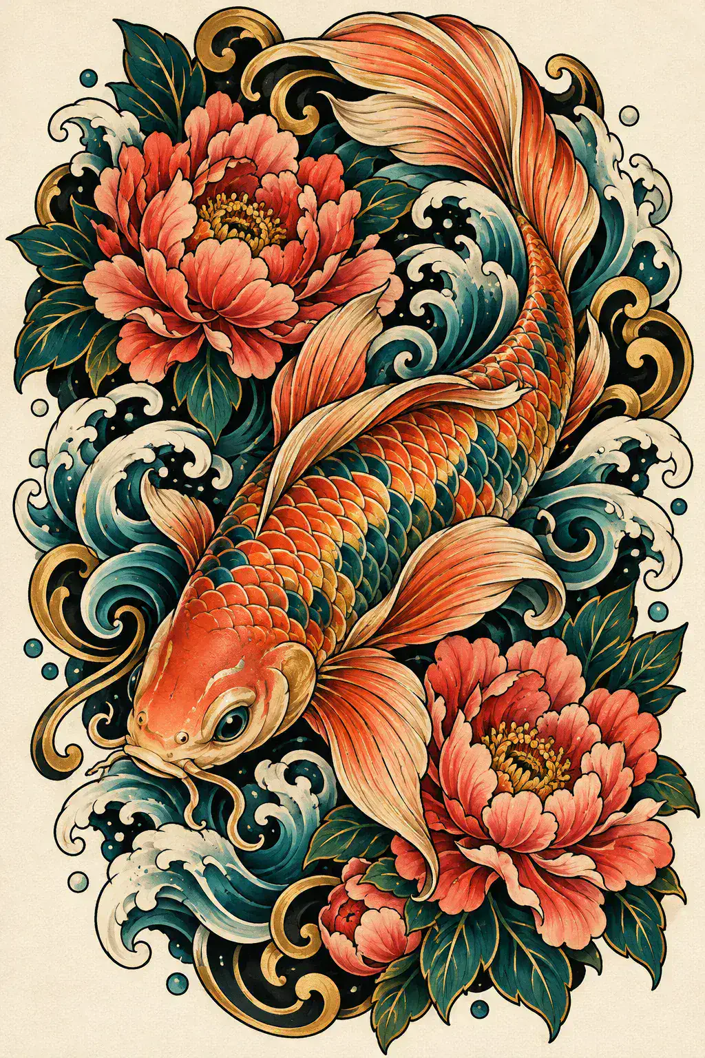 Tatuagem de carpa no estilo Neotradicional, arte de referência original