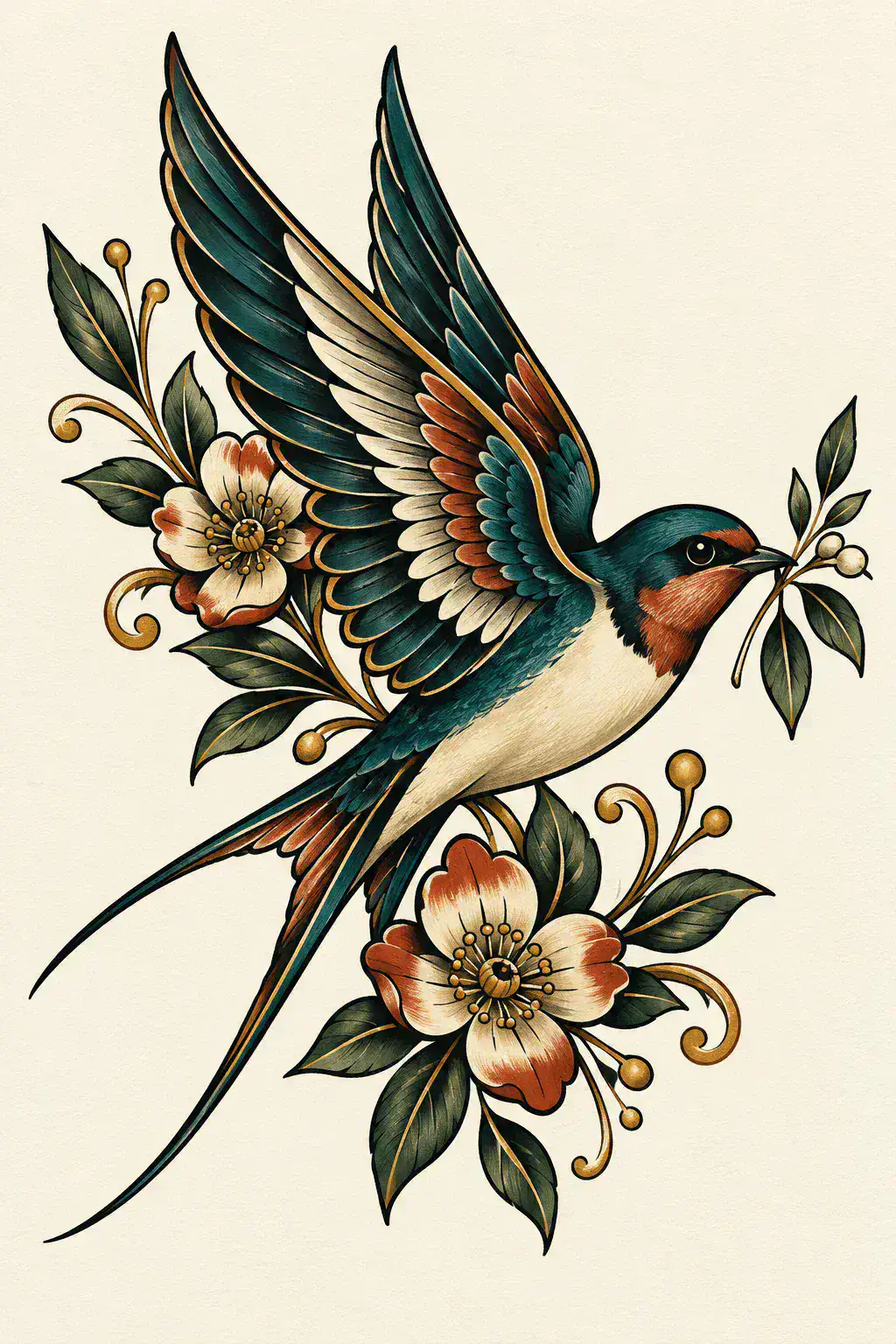 Tatuagem de pássaro no estilo Neotradicional, arte de referência original