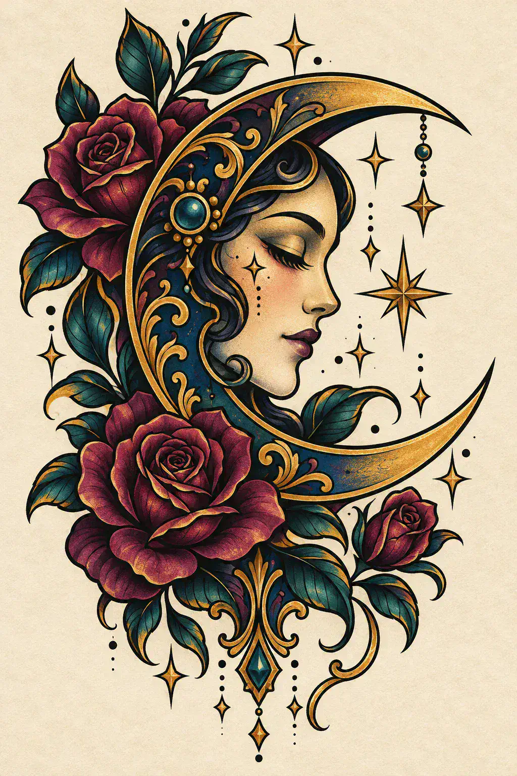 Imagem em alta resolução de uma tatuagem de lua no estilo Neotradicional, referência para ombro