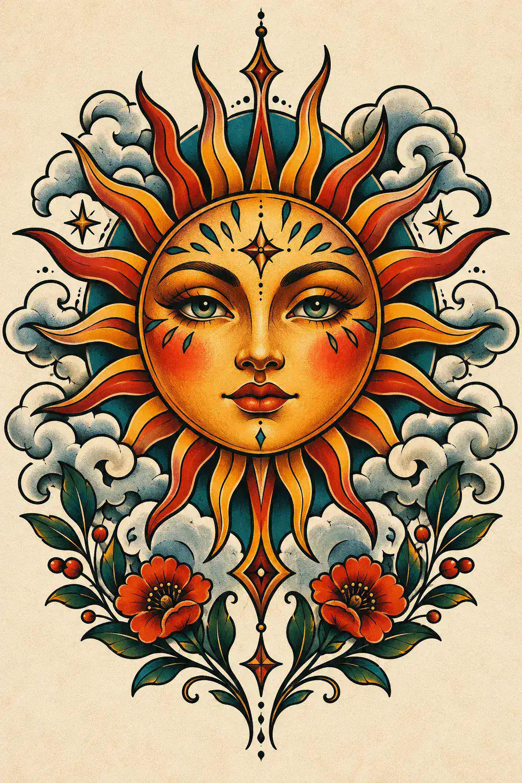 Imagem em alta resolução de uma tatuagem de sol no estilo Neotradicional, referência para costela