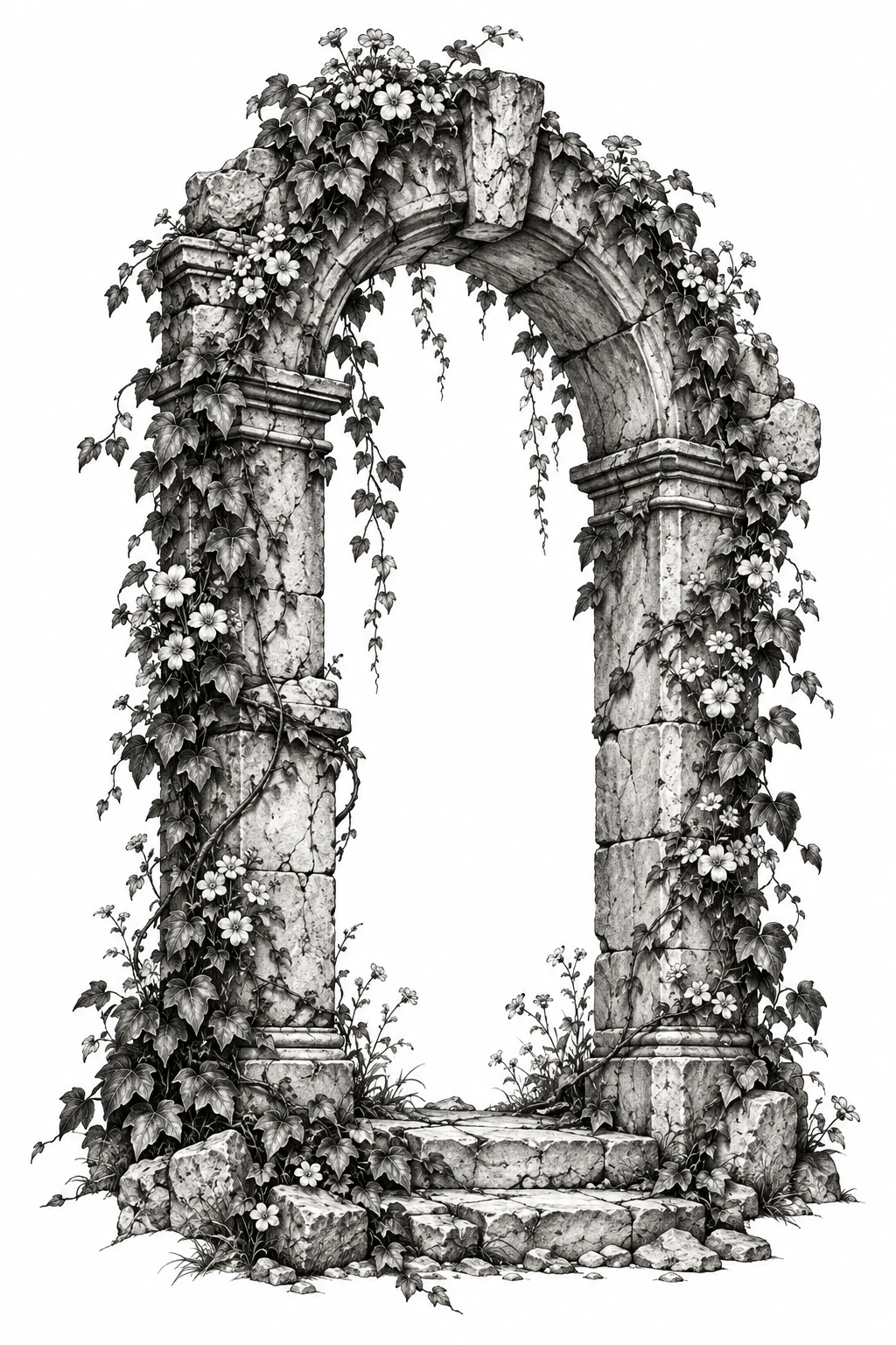 Desenho de tatuagem de Arco antigo florido com hera, modelo NR-0153, em preto e cinza.