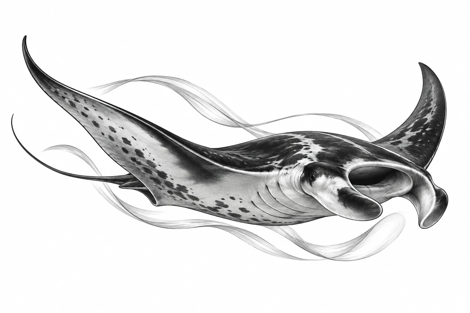 Desenho de tatuagem de Arraia-manta entre correntes suaves, modelo NR-0154, em preto e cinza.