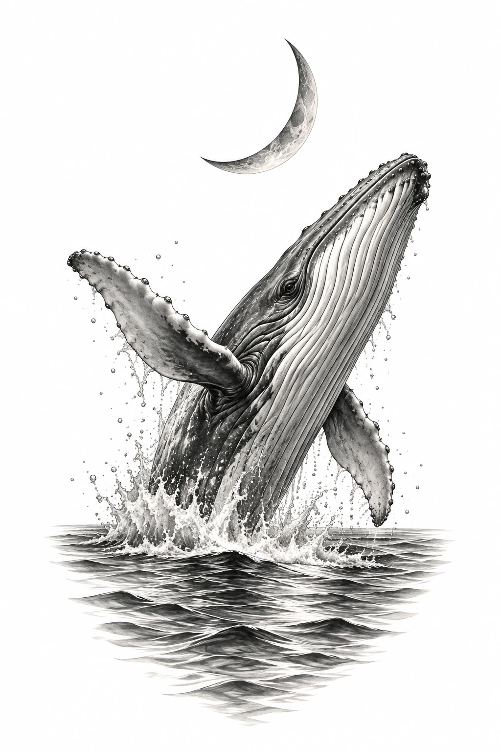 Desenho de tatuagem de Baleia emergindo sob lua fina, modelo NR-0156, em preto e cinza.