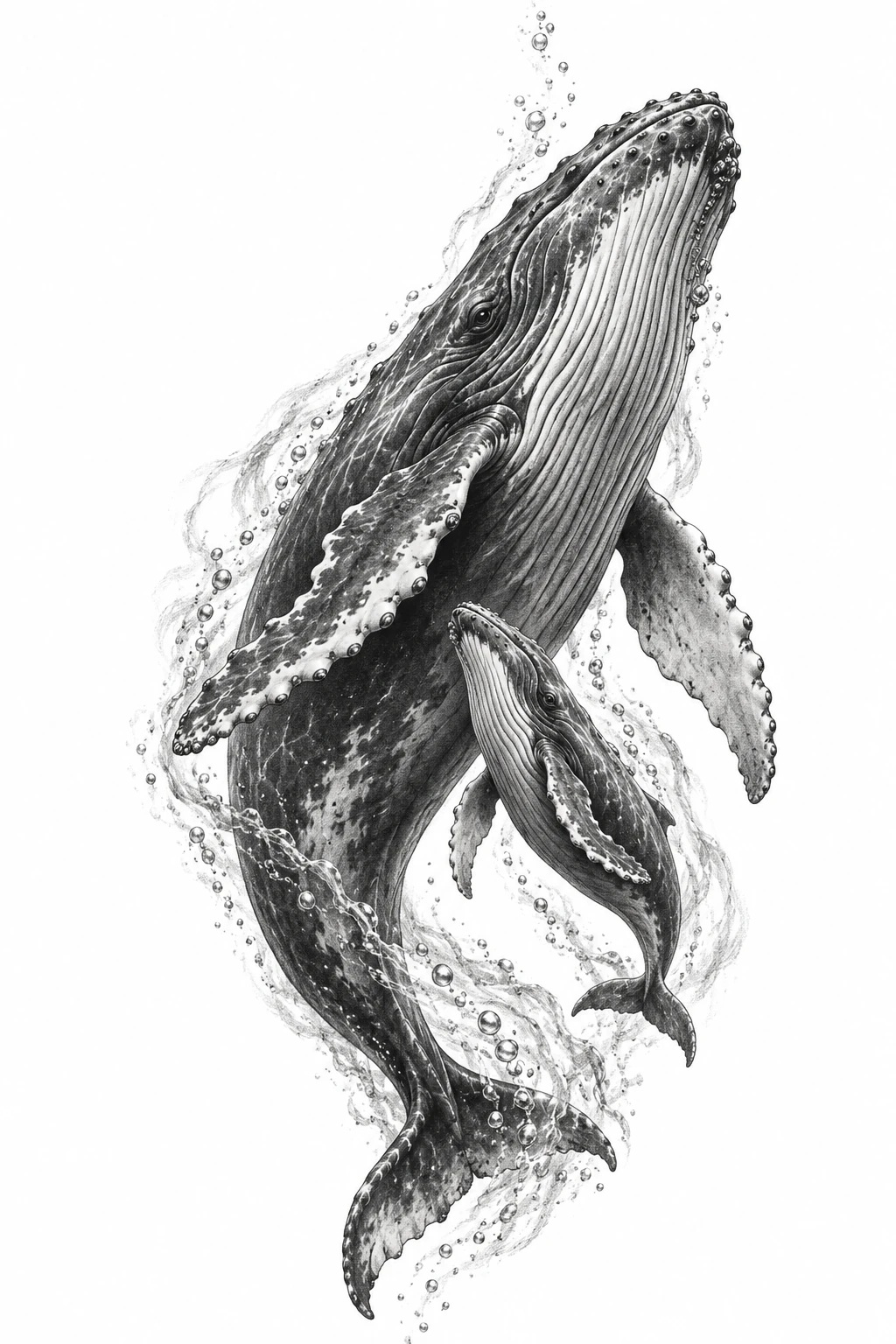 Desenho de tatuagem de Baleia jubarte e filhote nas profundezas, modelo NR-0157, em preto e cinza.