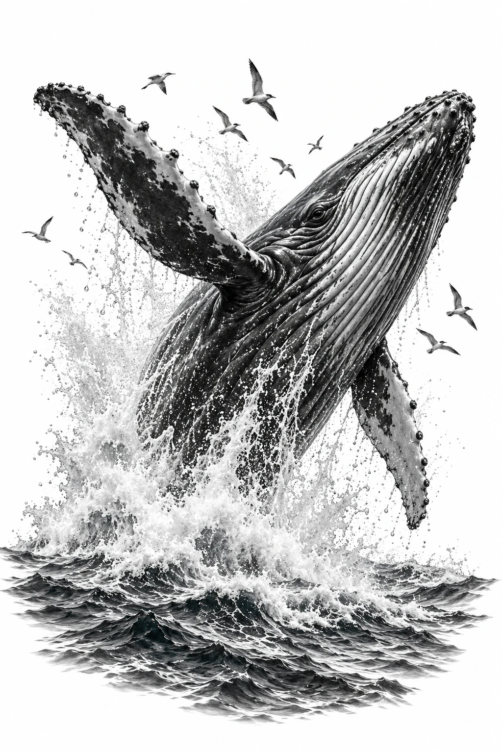 Desenho de tatuagem de Baleia saltando entre ondas e aves, modelo NR-0158, em preto e cinza.