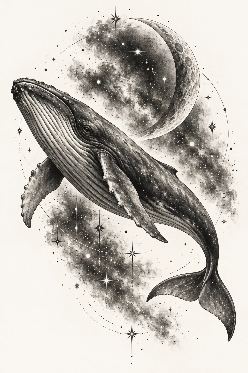 Desenho de tatuagem de Baleia sob estrelas e lua crescente, modelo NR-0159, em preto e cinza.