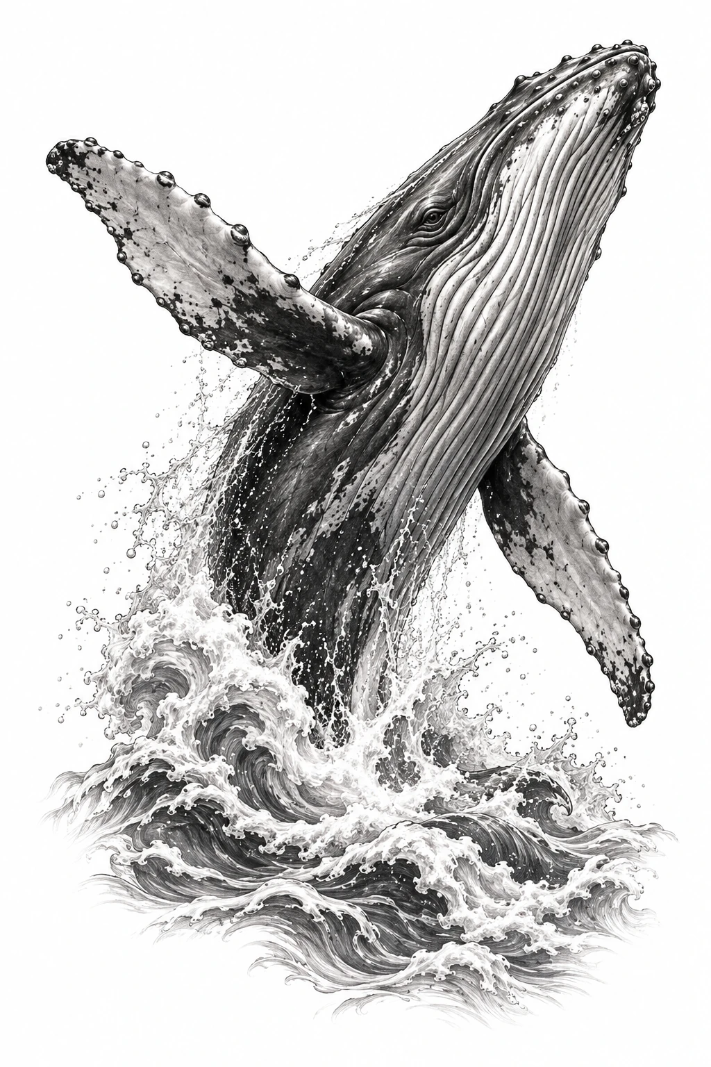 Desenho de tatuagem de Baleia-jubarte em salto sobre espuma, modelo NR-0160, em preto e cinza.