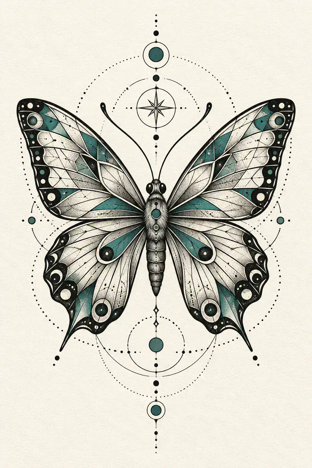 Imagem em alta resolução de uma tatuagem de borboleta no estilo Geométrico, referência para perna