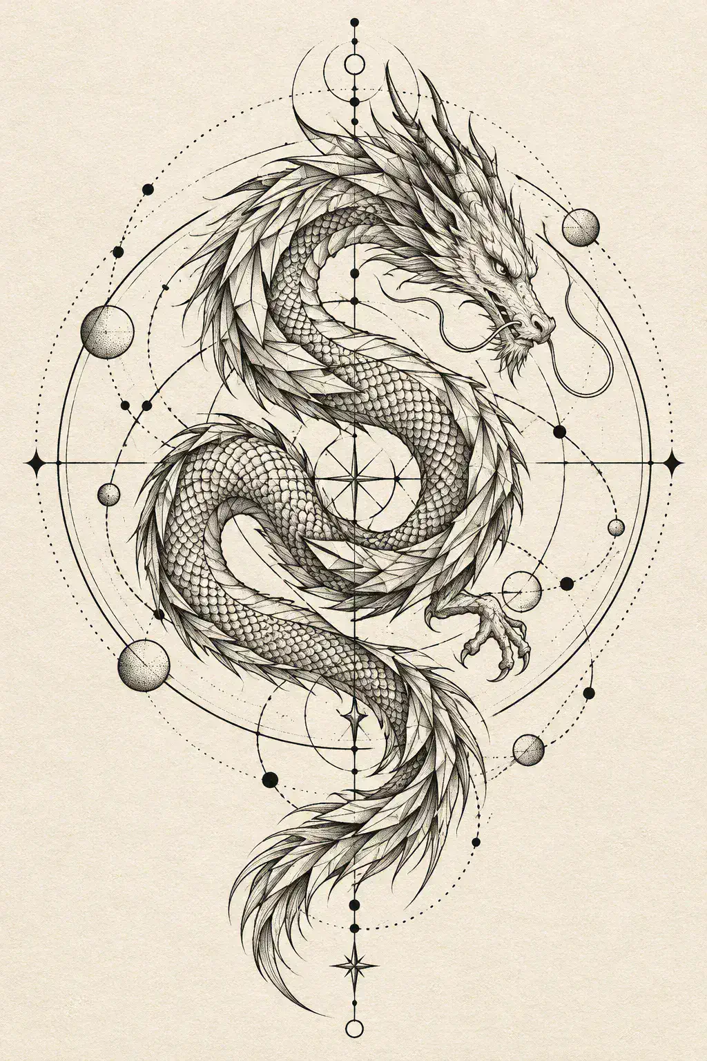 Tatuagem de dragão no estilo Geométrico, arte de referência original