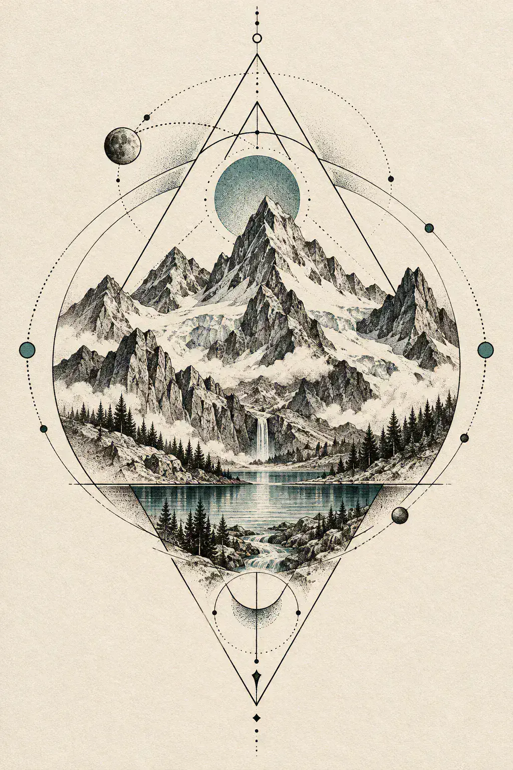 Tatuagem de montanha no estilo Geométrico, arte de referência original