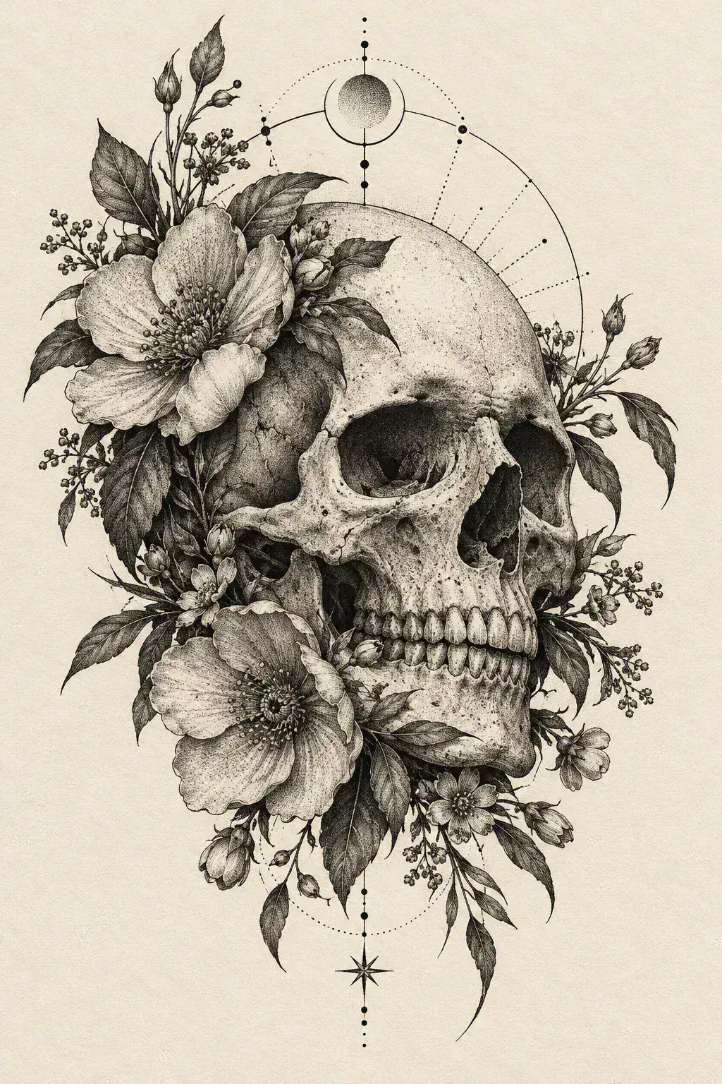 Imagem em alta resolução de uma tatuagem de caveira no estilo Geométrico, referência para costela
