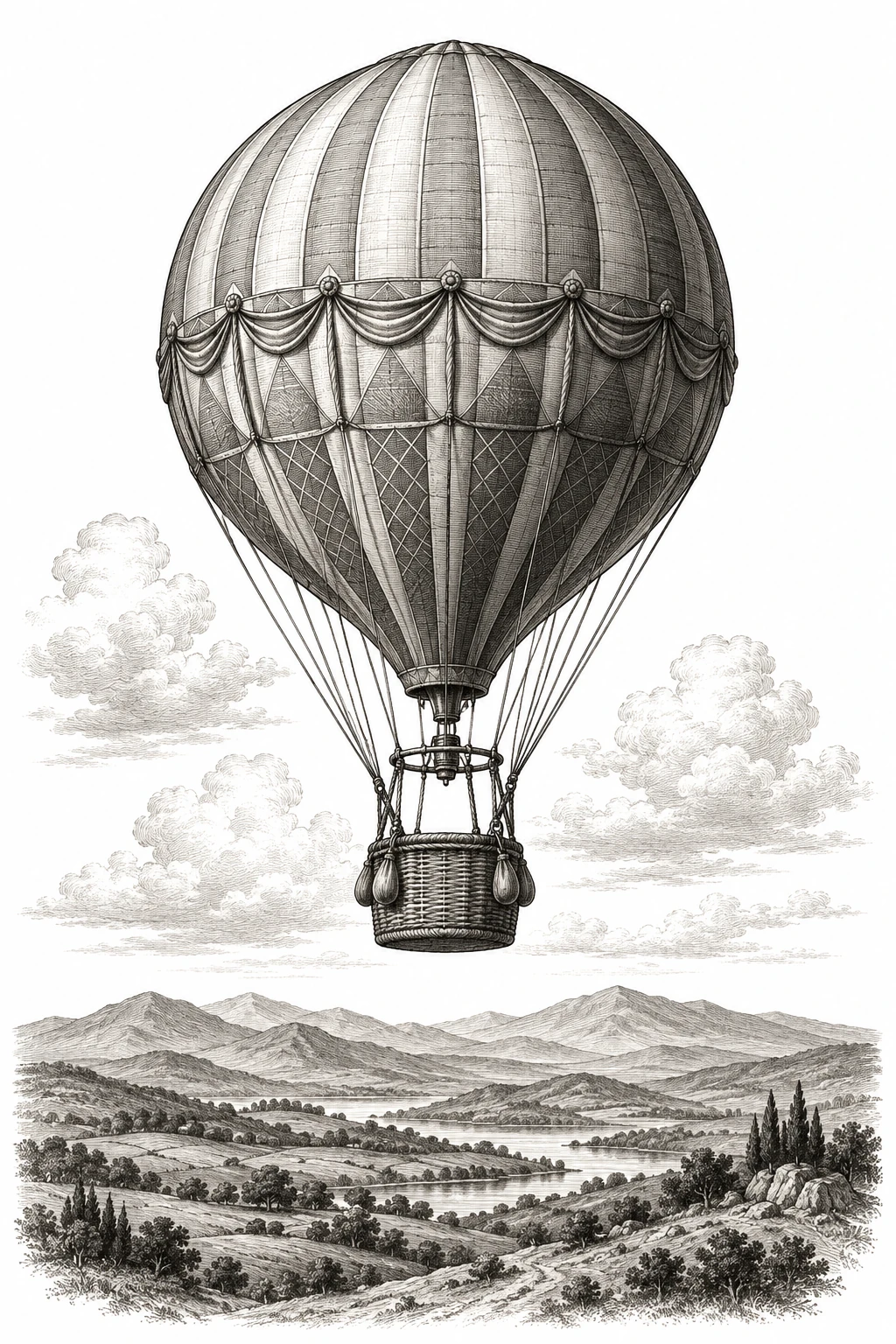Desenho de tatuagem de Balão vintage sobre colinas distantes, modelo NR-0181, em preto e cinza.
