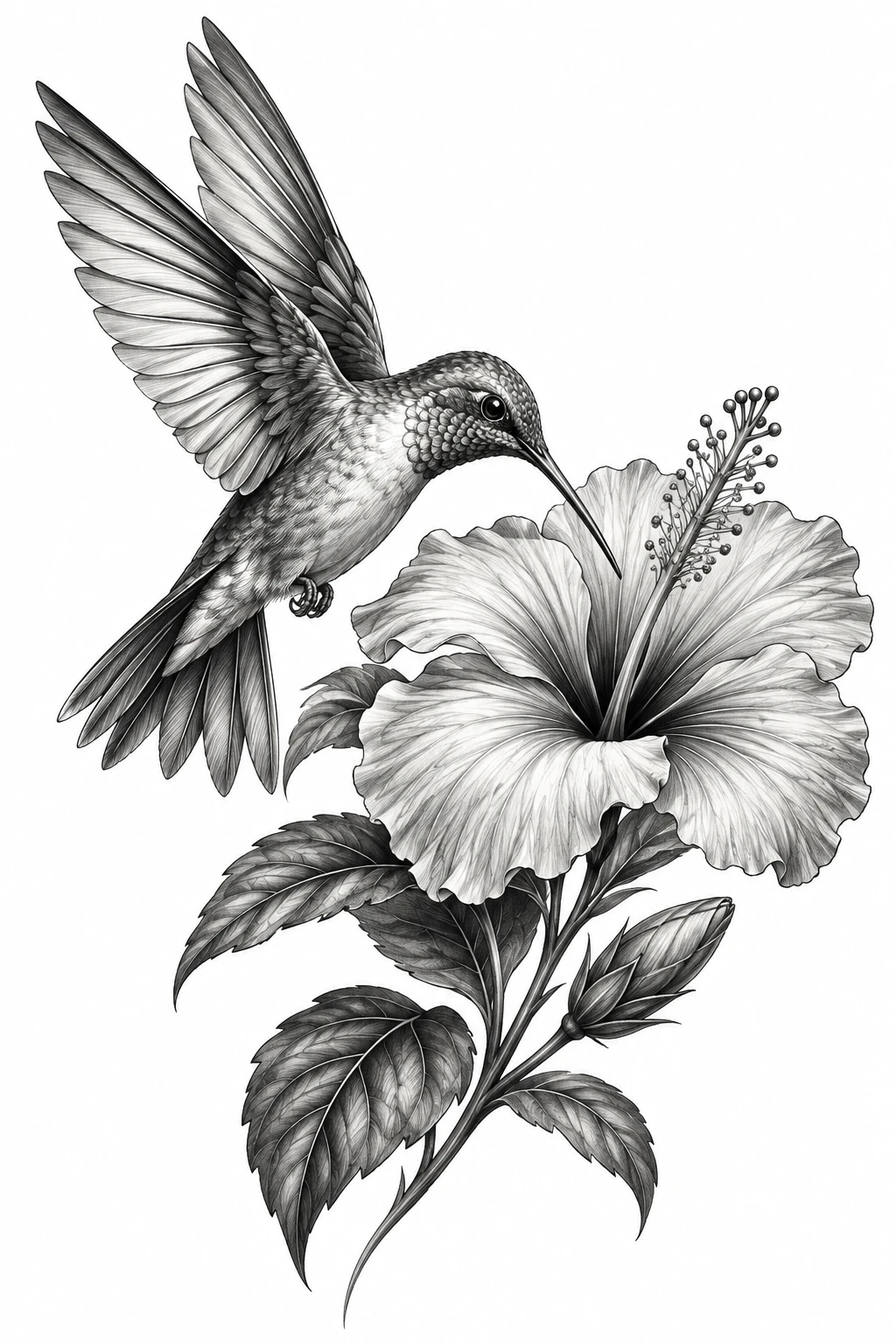 Desenho de tatuagem de Beija-flor diante do hibisco, modelo NR-0182, em preto e cinza.