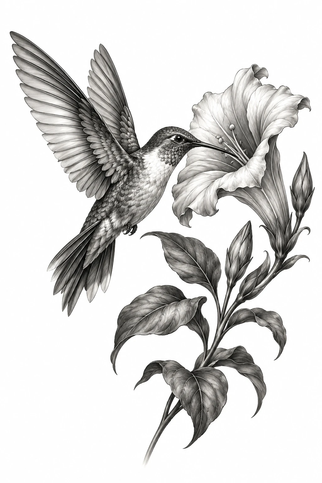Desenho de tatuagem de Beija-flor e flor-trombeta em preto e cinza, modelo NR-0183, em preto e cinza.