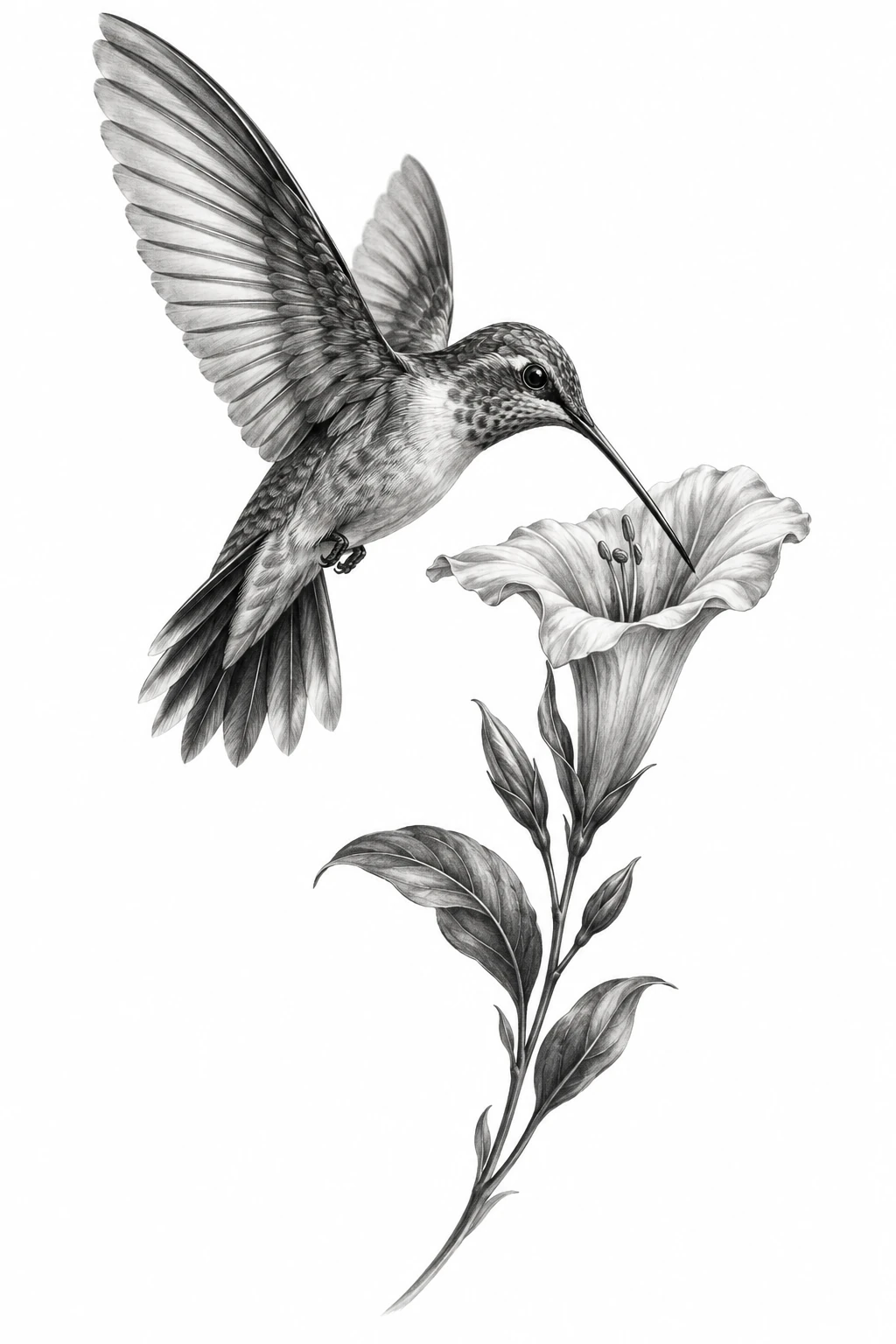 Desenho de tatuagem de Beija-flor e flor-trombeta em voo, modelo NR-0184, em preto e cinza.