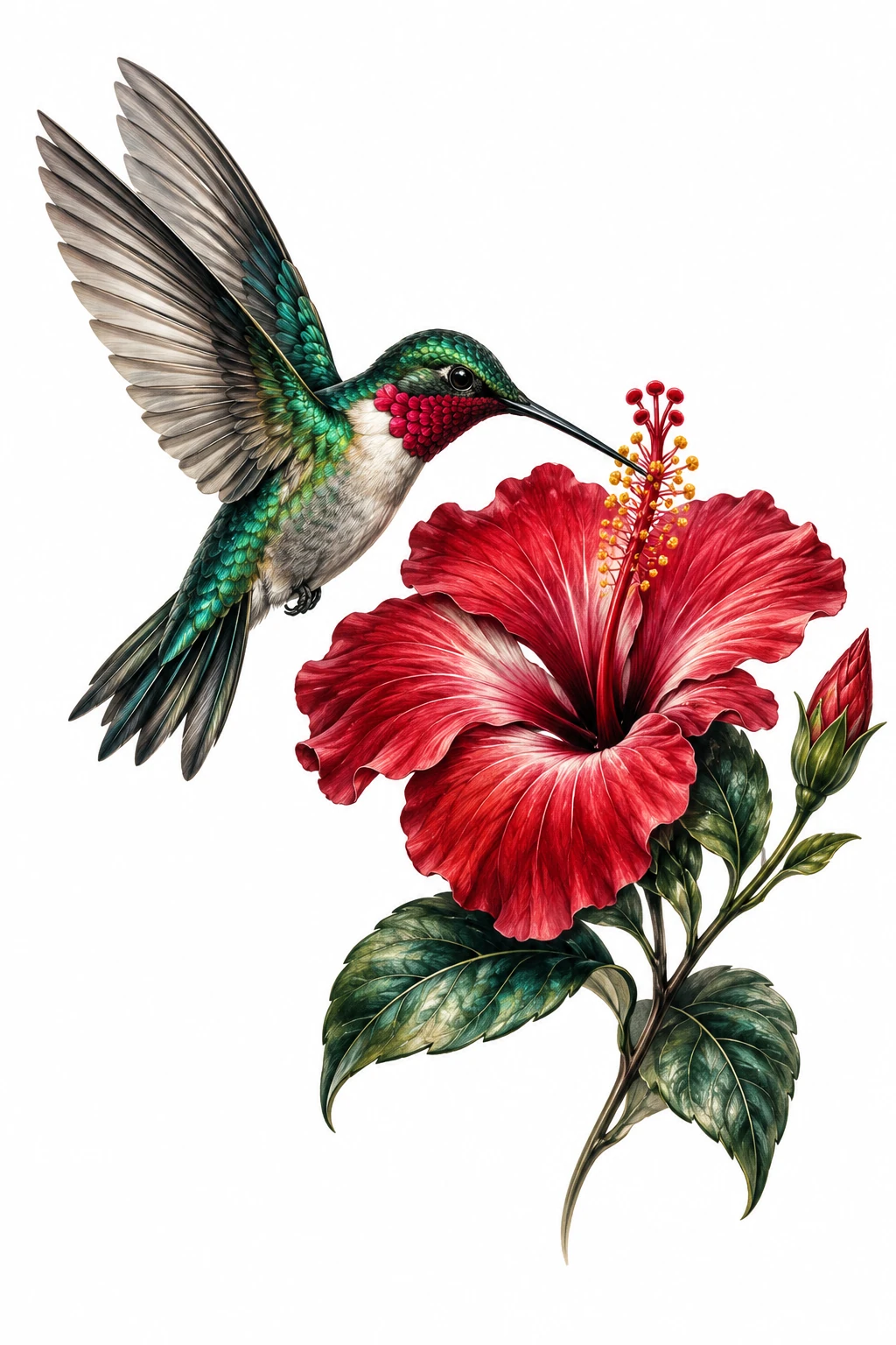 Desenho de tatuagem de Beija-flor e hibisco em voo(1), modelo NR-0185, em preto e cinza.