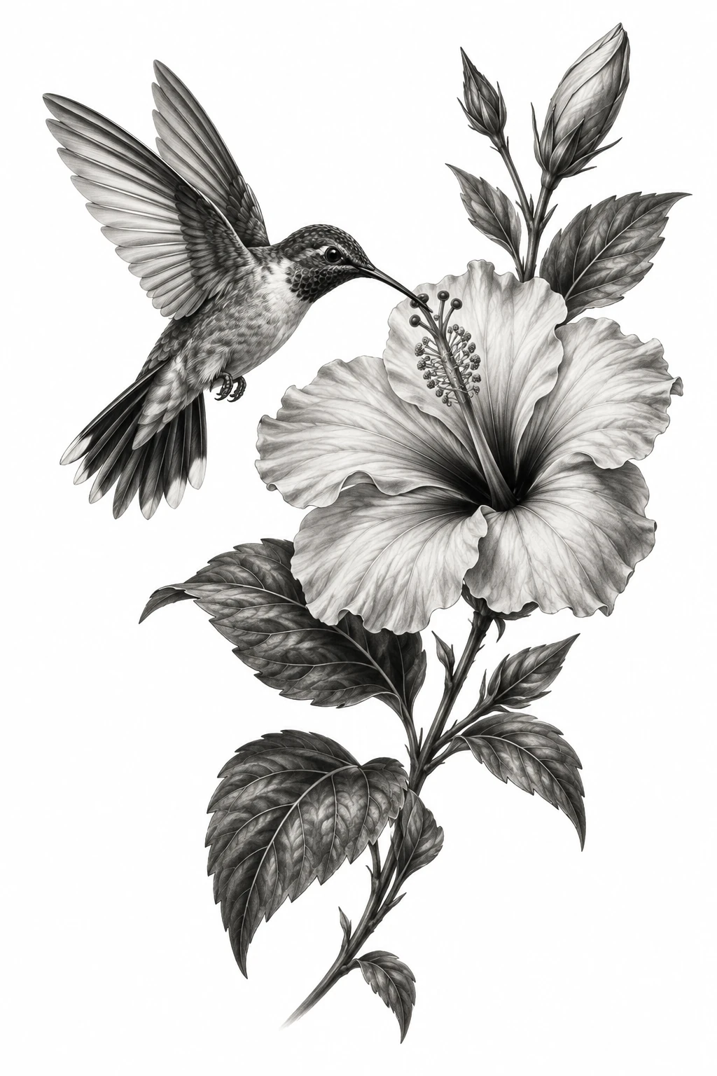 Desenho de tatuagem de Beija-flor e hibisco em voo, modelo NR-0186, em preto e cinza.