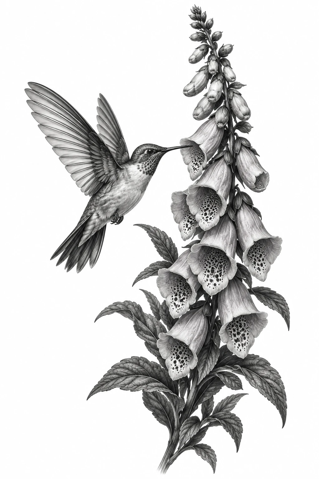 Desenho de tatuagem de Beija-flor entre dedaleiras em preto e cinza, modelo NR-0187, em preto e cinza.