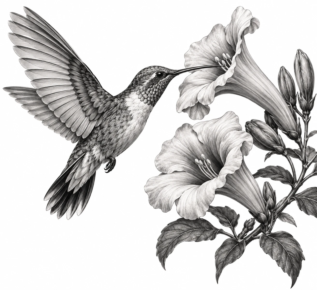 Desenho de tatuagem de Beija-flor entre flores-trombeta(1), modelo NR-0188, em preto e cinza.