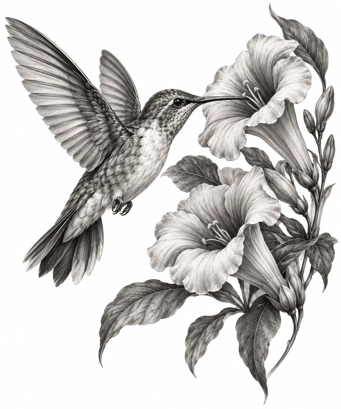 Desenho de tatuagem de Beija-flor entre flores-trombeta, modelo NR-0189, em preto e cinza.