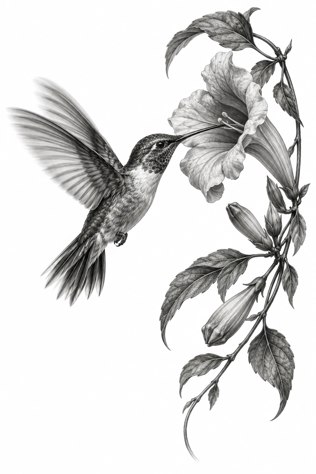 Desenho de tatuagem de Beija-flor junto à flor trombeta, modelo NR-0190, em preto e cinza.