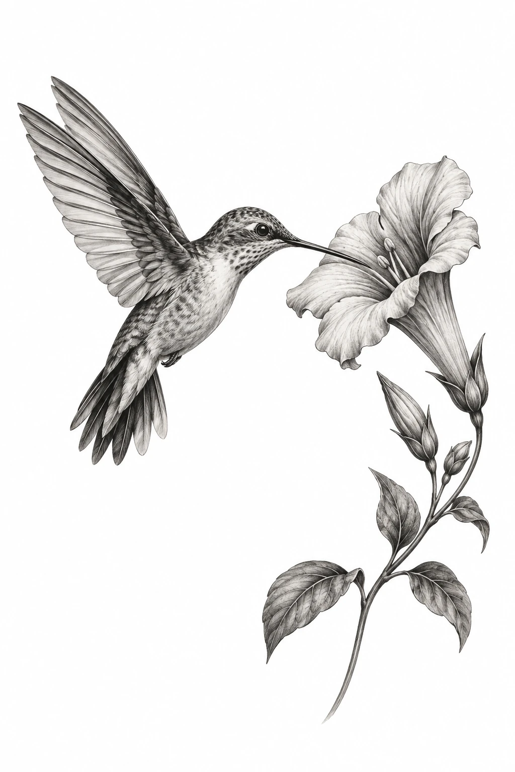Desenho de tatuagem de Beija-flor junto à flor-trombeta, modelo NR-0191, em preto e cinza.