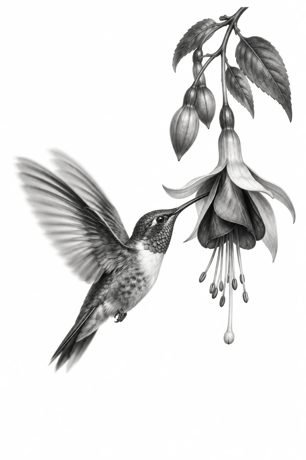 Desenho de tatuagem de Beija-flor junto à fúcsia, modelo NR-0192, em preto e cinza.