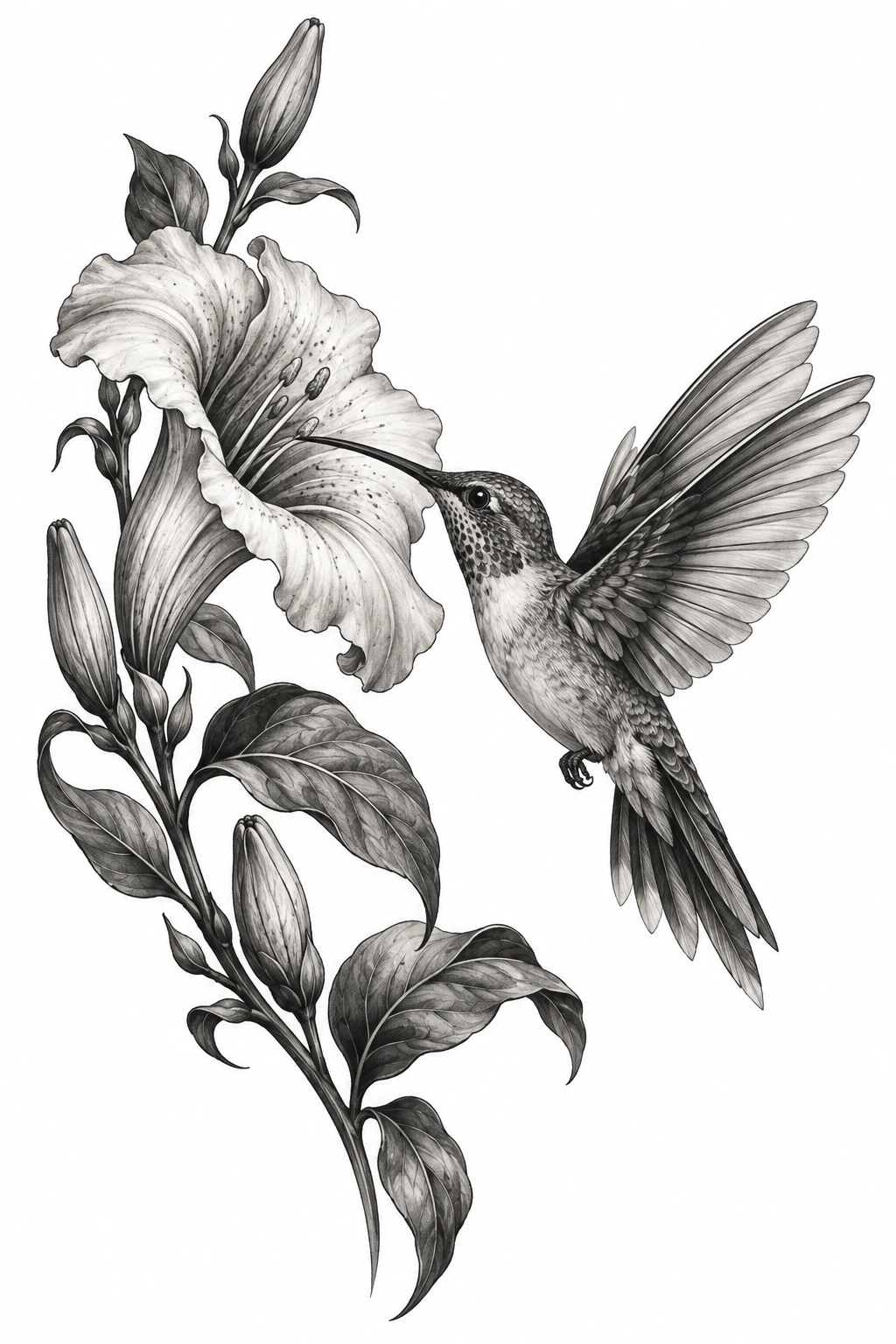 Desenho de tatuagem de Beija-flor na flor trombeta, modelo NR-0193, em preto e cinza.