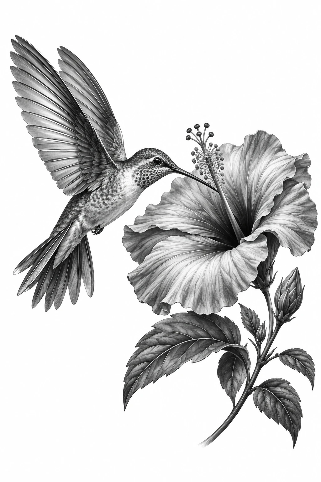 Desenho de tatuagem de Beija-flor suspenso diante de hibisco, modelo NR-0194, em preto e cinza.