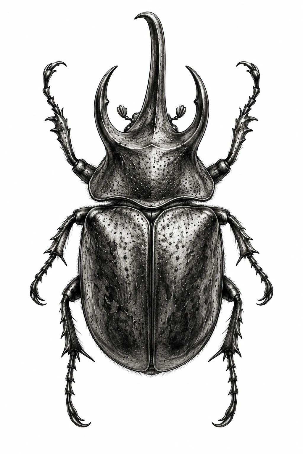 Desenho de tatuagem de Besouro-rinoceronte realista em preto e cinza, modelo NR-0196, em preto e cinza.