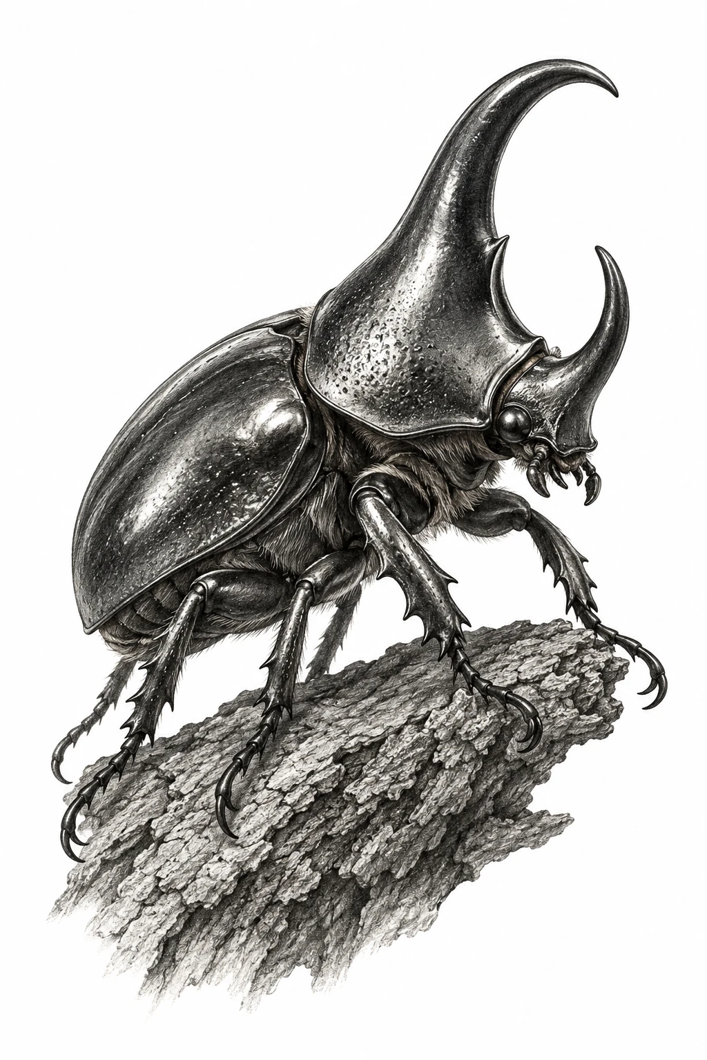 Desenho de tatuagem de Besouro-rinoceronte sobre casca de árvore, modelo NR-0197, em preto e cinza.