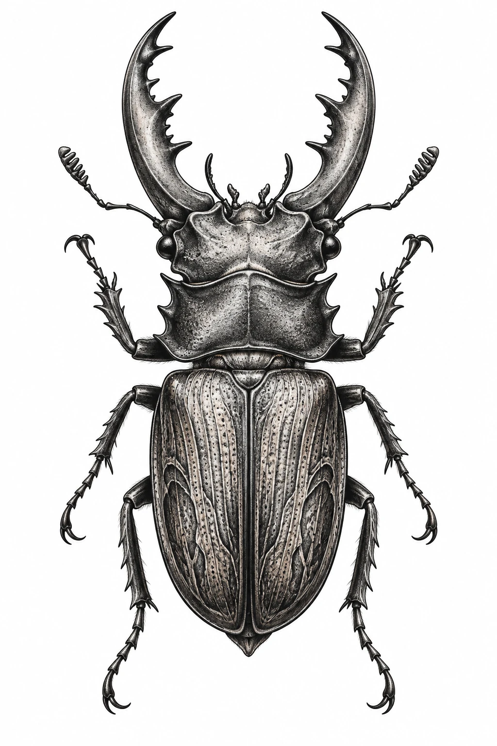 Desenho de tatuagem de Besouro-veado ornamental em preto e cinza, modelo NR-0198, em preto e cinza.
