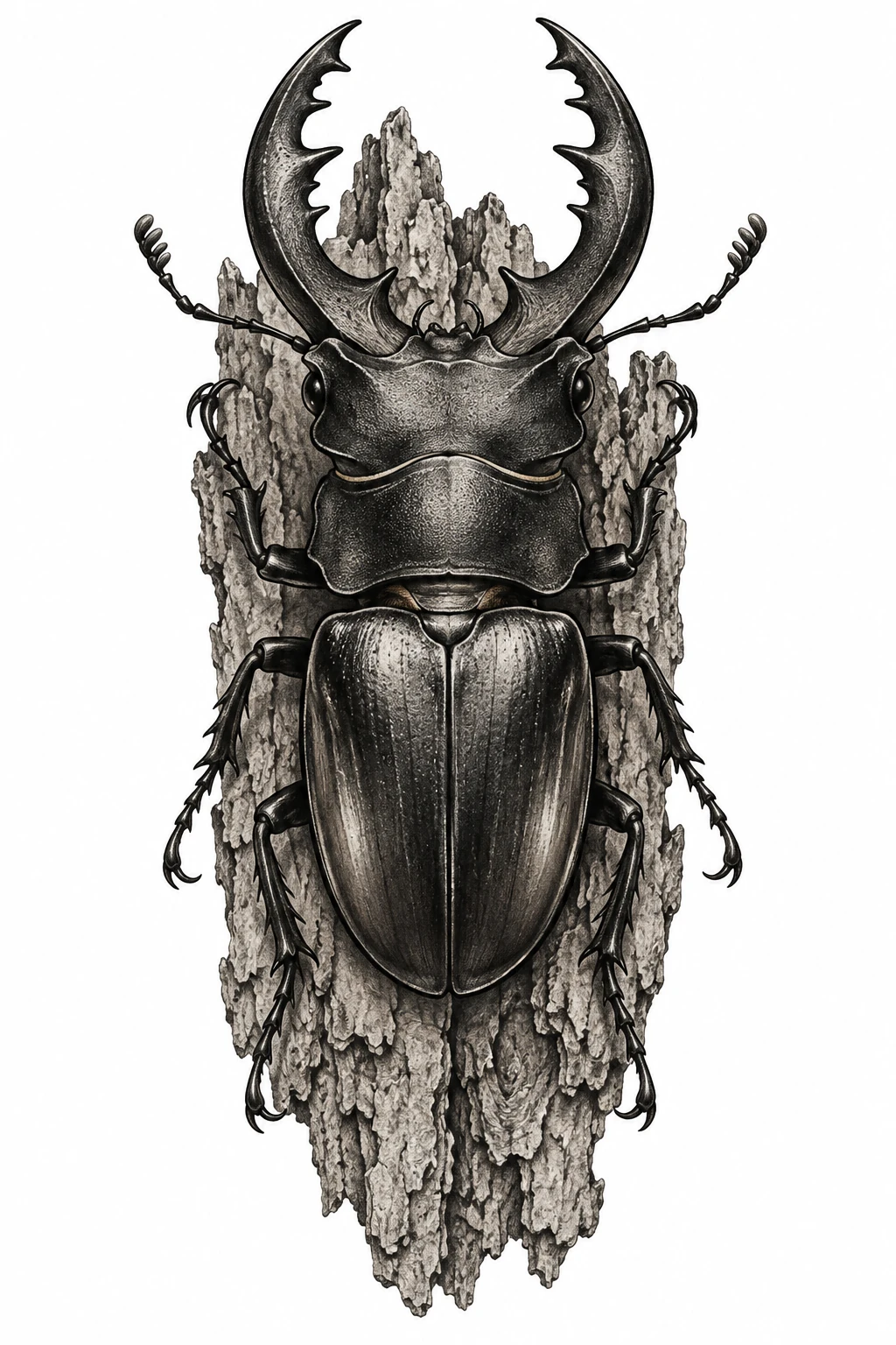 Desenho de tatuagem de Besouro-veado realista sobre casca texturizada, modelo NR-0199, em preto e cinza.