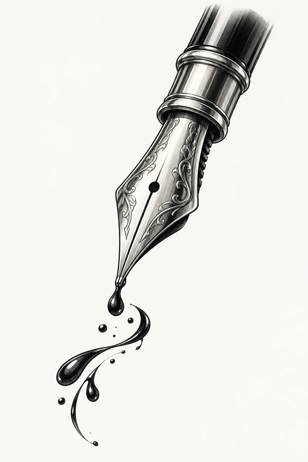 Desenho de tatuagem de Bico de pena com gotas de tinta, modelo NR-0200, em preto e cinza.