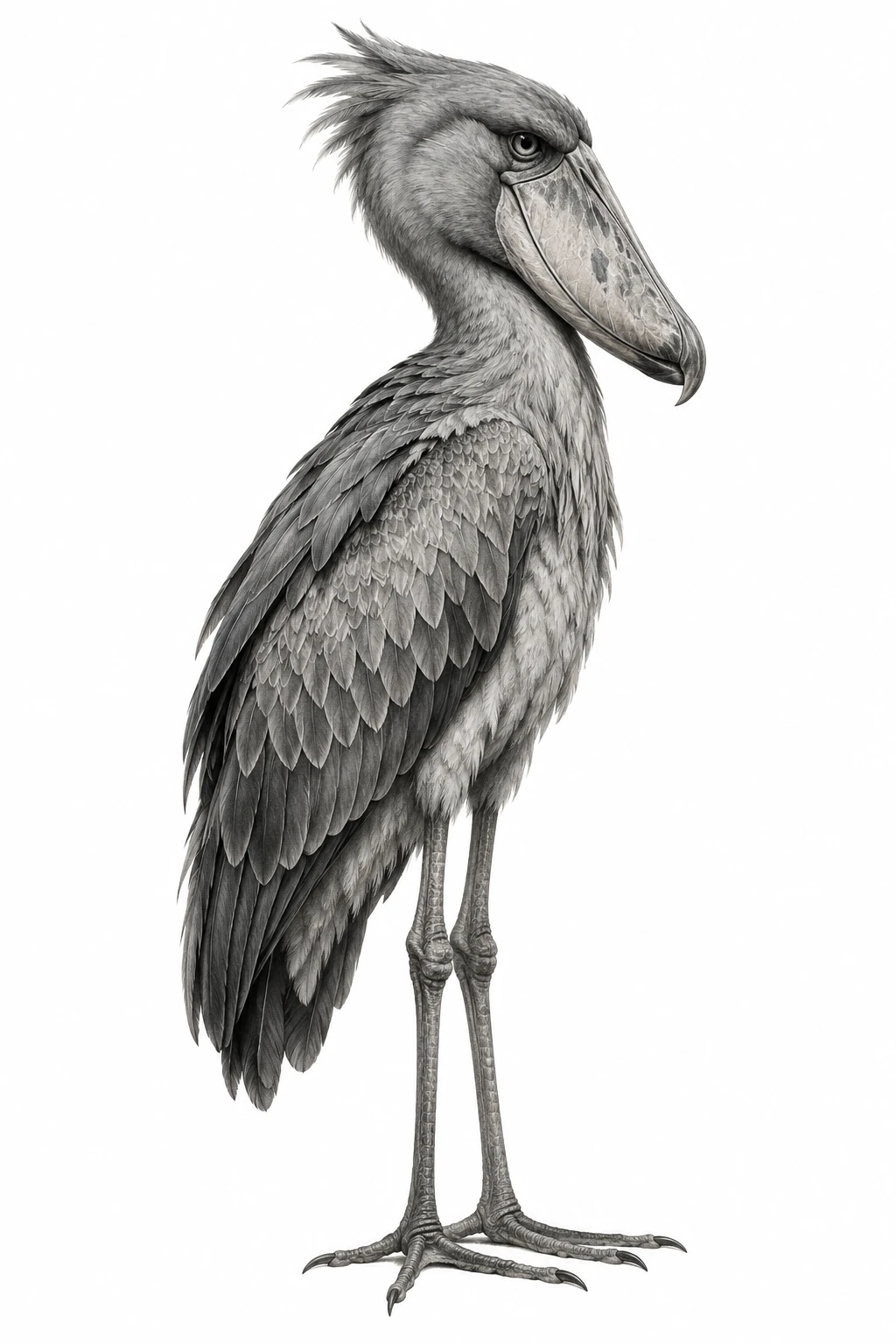 Desenho de tatuagem de Bico-de-sapato realista em preto e cinza, modelo NR-0201, em preto e cinza.