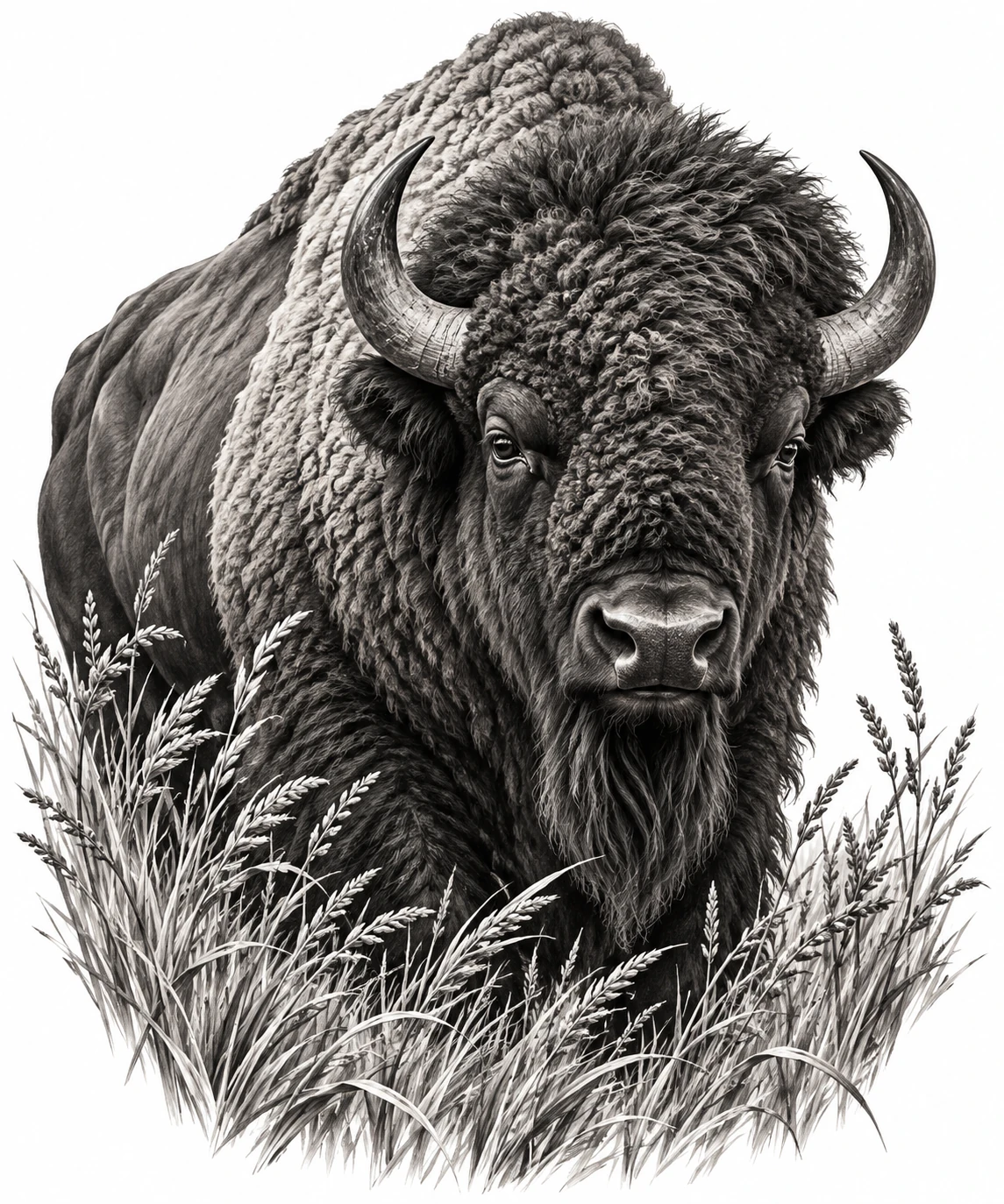 Desenho de tatuagem de Bisonte da pradaria em preto e cinza, modelo NR-0203, em preto e cinza.