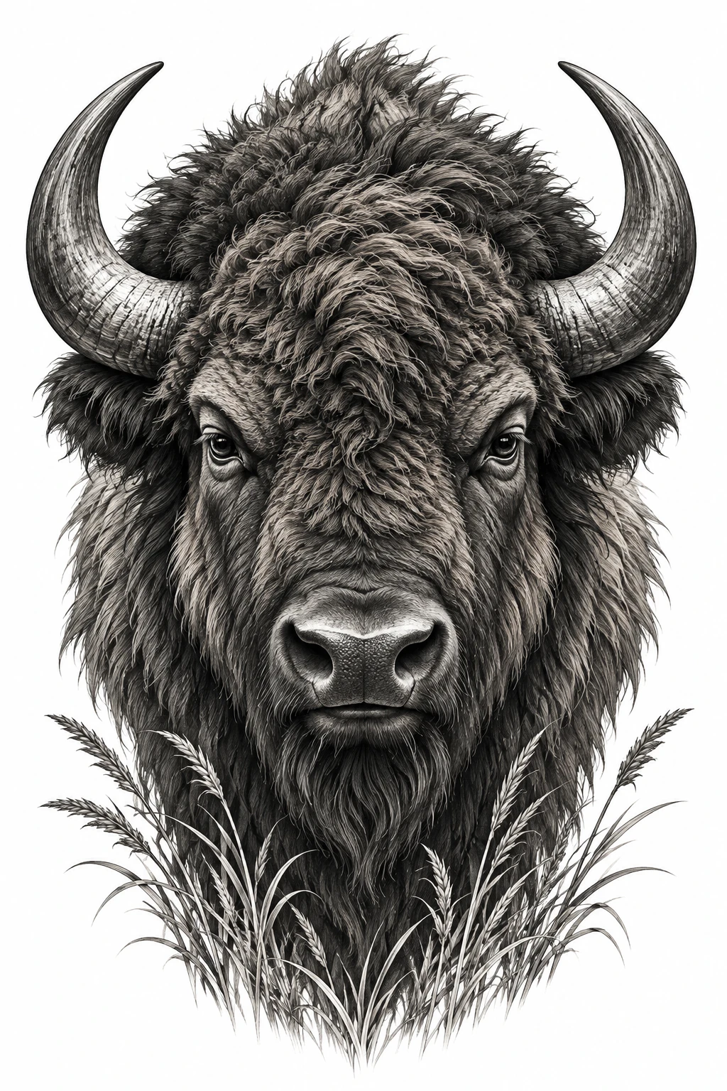 Desenho de tatuagem de Bisão frontal com juba texturizada, modelo NR-0204, em preto e cinza.